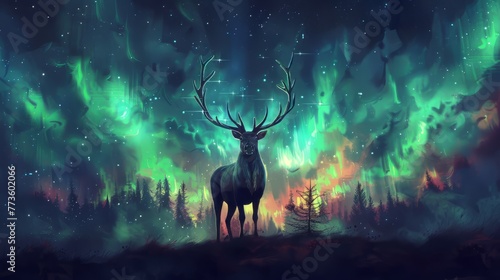 Deer with Aurora Borealis Landscape