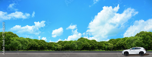 青空と木々が茂る大自然を車でドライブ