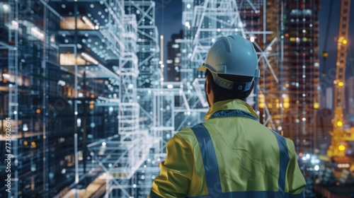 Engineer in hard hat and reflective jacket with urban digital blueprints at construction site