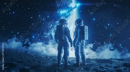 A pair of astronauts in matching suits stand back to back on a barren moon their eyes fixed on a luminous blue apparition soaring . . photo