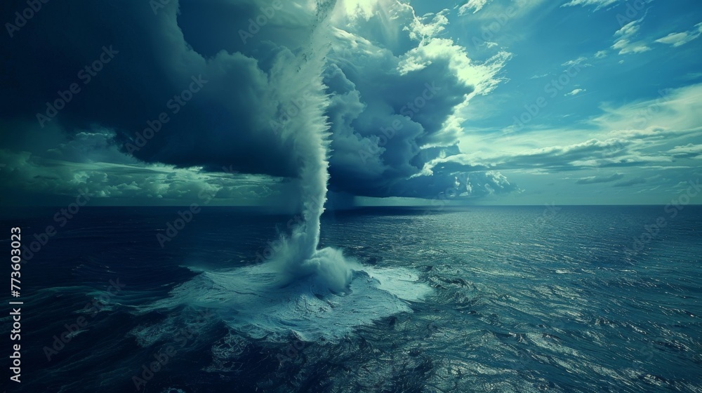 The sudden appearance of a waterspout a twisting column of water and clouds spiraling upwards from the oceans surface. - obrazy, fototapety, plakaty 