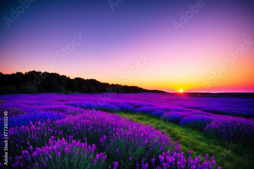 A field of unknown unearthly flowers at sunset. Purple, blue tones Landscape renderings