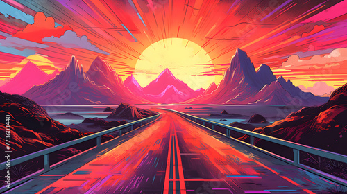 Retro futuristic sunshine landscape abstract graphic poster web page PPT background