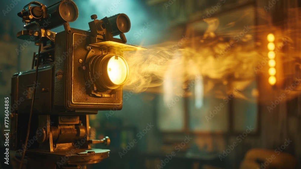 Fototapeta premium Through the lens of a vintage projector, a business magnate reflects on the journey that brought them to the pinnacle of success.