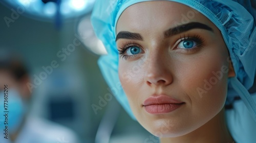 Close-up face of aesthetic surgery doctor. Female doctor surgeon analyzing patient facial structure for cosmetic surgery