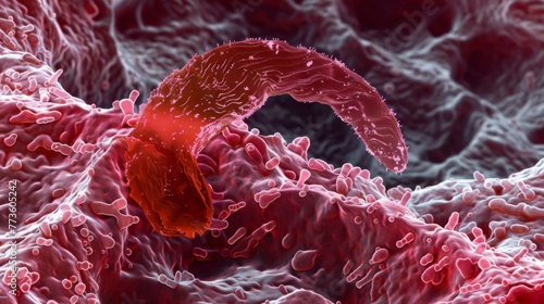 A closeup of a sickleshaped red cell a characteristic feature of individuals with sickle cell anemia. photo