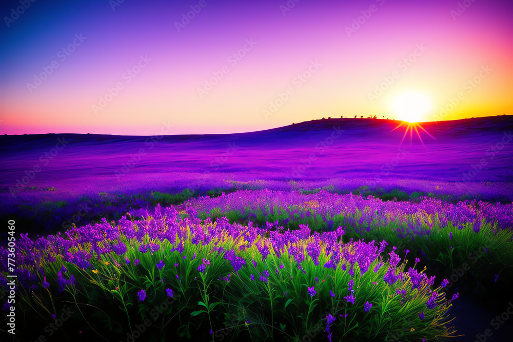 Obraz premium A field of unknown unearthly flowers at sunset. Purple, blue tones Landscape renderings