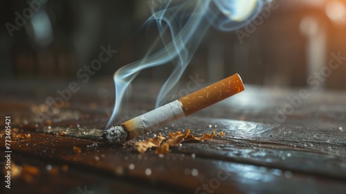 close up cigarette on wood table, copy space for text, medical and healthcare, stop smoking, 31 may world no tobacco day concept photo
