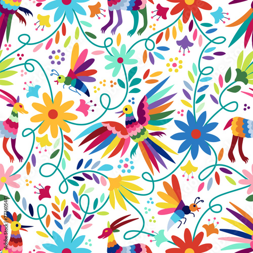 Ornate ethnic Mexican embroidery Otomi. Seamless Pattern with birds, animals and flowers on white