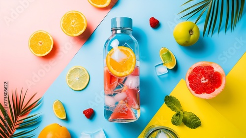 Healthy drink in a stylish glass bottle with fruit slices and ice cubes, fitness, hydration on colorful table background 