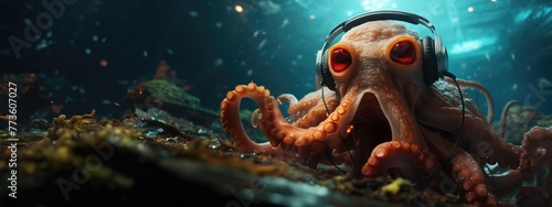 Cute octopus with headphones listening to music or DJ in a night club. Created with generative AI. © lchumpitaz