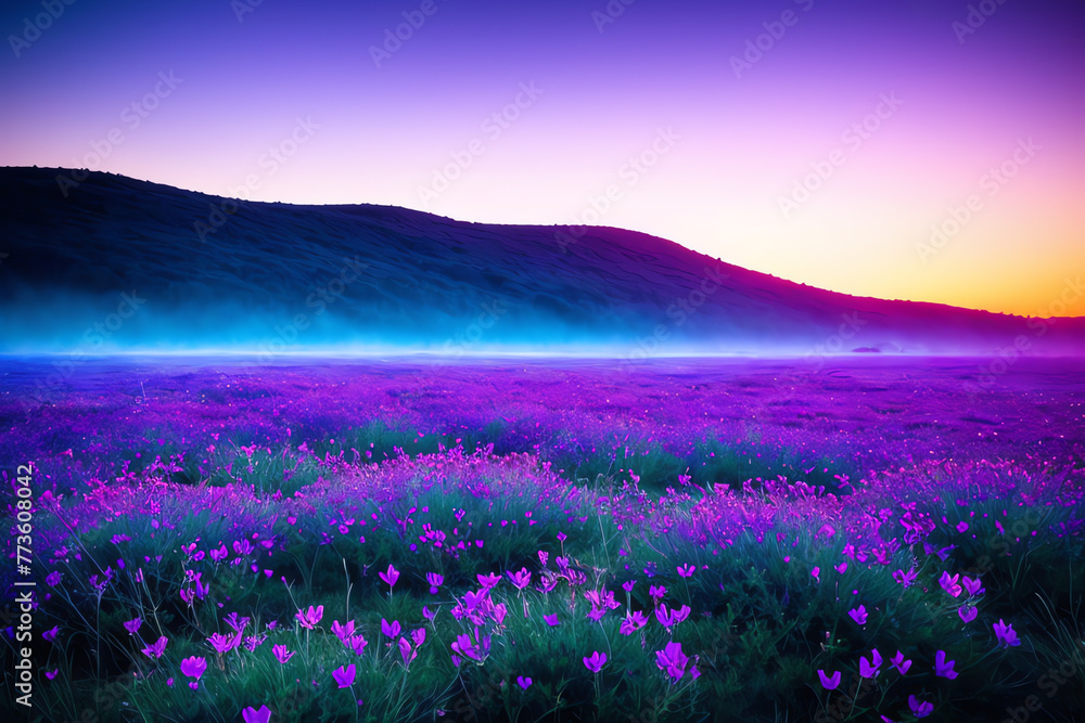 Obraz premium A field of unknown unearthly flowers at sunset. Purple, blue tones Landscape renderings