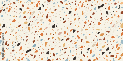 Terrazzo mosaic tile pattern, terazzo ceramic marble floor texture, terazo stone background. Vector seamless pattern of white terrazzo tile with color rock fragments. Wall and floor decor background