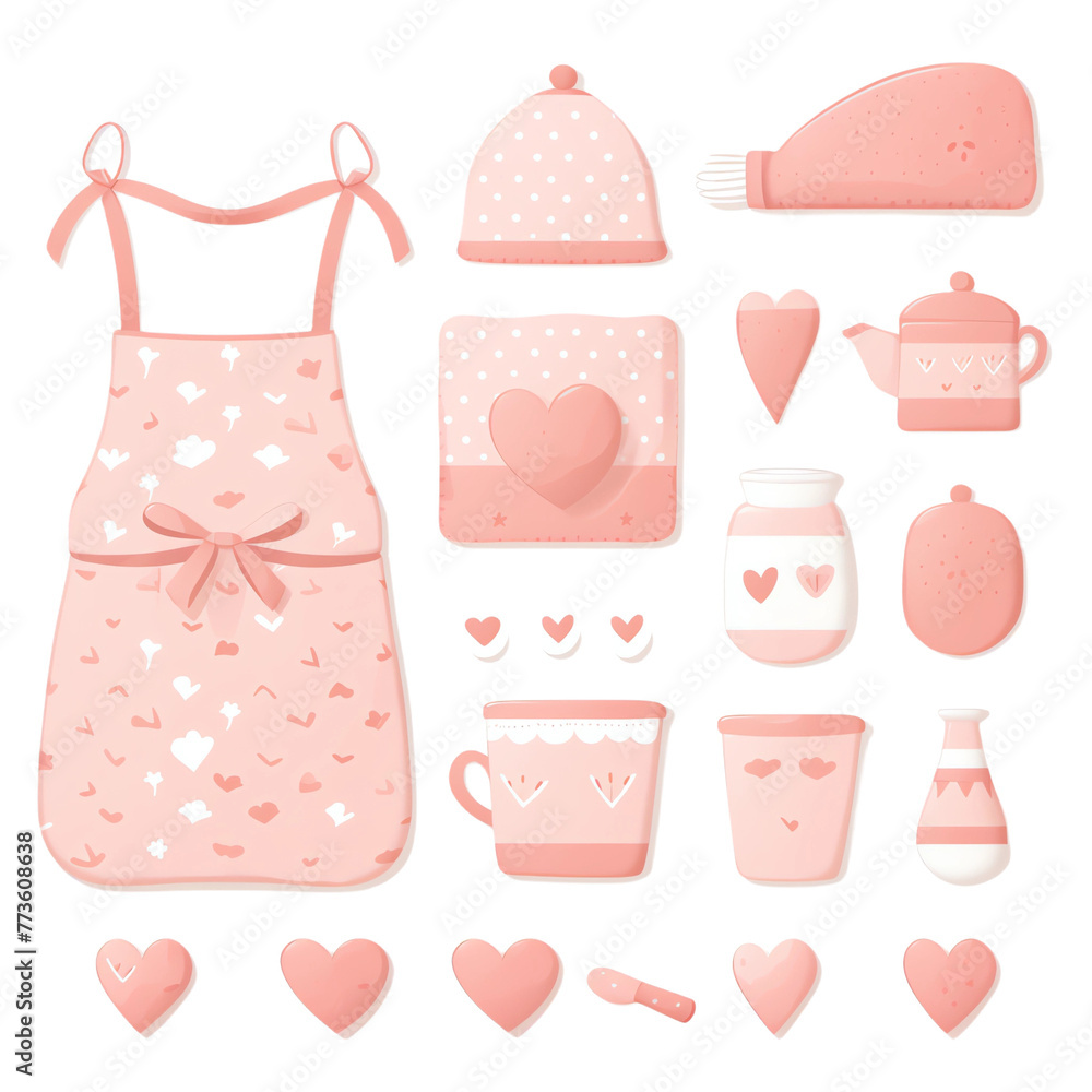 Cute pink baby , kitchen utensils and heart-shaped elements for clipart design on a white background