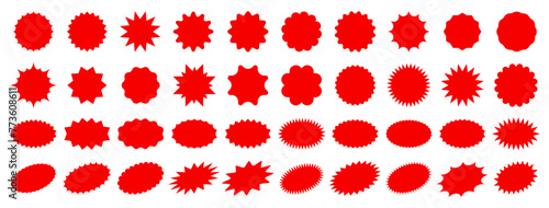 Starburst sale price stickers and labels, star and rosette, sunburst, callout and splash, stamp and tag badges. Isolated vector circle and oval red stickers, promo labels and tags with scalloped edges photo