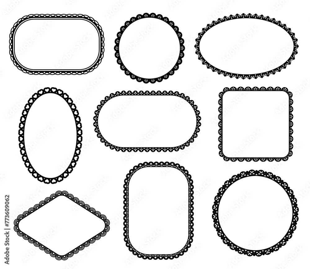 Scallop edge lace frames and border lines. Vector scalloped square, rectangle, circle, oval and rhombus shapes. Frame silhouettes with vintage frills pattern. Flowers and stars ornament border lines Scallop edge lace frames and border lines. Vector scalloped square, rectangle, circle, oval and rhombus shapes. Frame silhouettes with vintage frills pattern. Flowers and stars ornament border lines