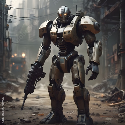 rating:safe, blurry, solo, blurry_background, weapon, depth_of_field, robot, helmet, science_fiction, armor, realistic, power_armor, gun, standing, cable, male_focus, holding, 1boy, dirty photo
