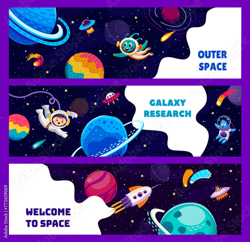 Galaxy space banners. Kid astronaut, space planets and stars, ufo and alien. Cartoon vector bookmarks or horizontal cards with cute infant cosmonaut soar in weightlessness, rockets and et invaders