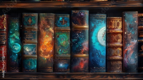 Enchanted library shelf where each book cover is a portal to its own universe, vibrant and alive