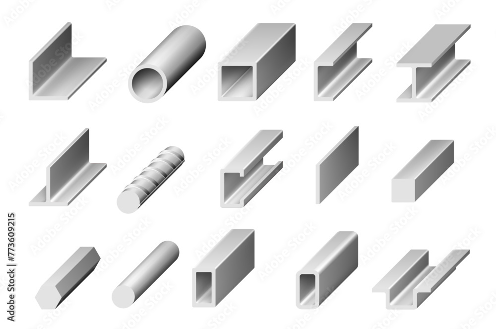 Rolled steel metal and stainless profiles of bar, square angle plate and tube, vector isometric section icons. Rolled iron rail and metal beam rod, building or metallurgy engineering metallic armature - obrazy, fototapety, plakaty 