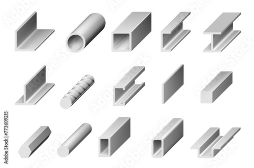 Rolled steel metal and stainless profiles of bar, square angle plate and tube, vector isometric section icons. Rolled iron rail and metal beam rod, building or metallurgy engineering metallic armature