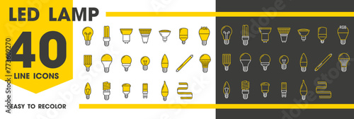 Led and light bulb lamps line icons set. Vector modern illumination equipment. Diode, fluorescent, halogen or filament electrical bulbs for energy efficiency, innovation and versatile lighting options
