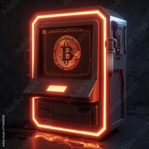 Machine dispensing bitcoin, 3D render, clay style, futuristic concept, glowing screen, front view, 