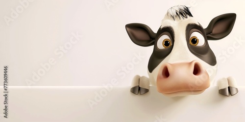 Cute cartoon caw looking over blank banner with copy space, for dairy or farm product display or advertising. photo