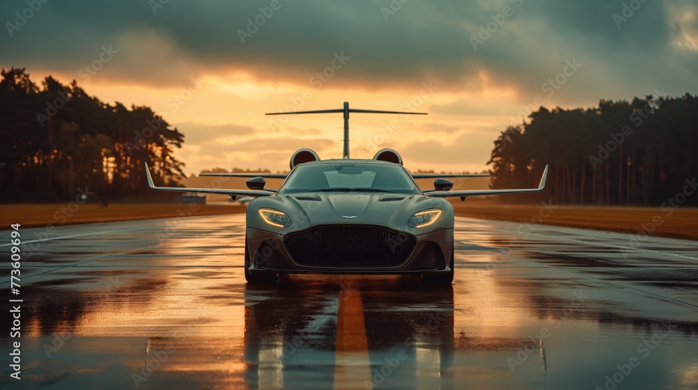 Super car and private jet on landing strip. Business class service at the airport. Created with Generative AI. - obrazy, fototapety, plakaty 