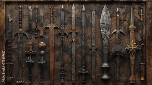 Set of weapons, 3D render, clay style, medieval to modern, arranged display, detailed textures, 