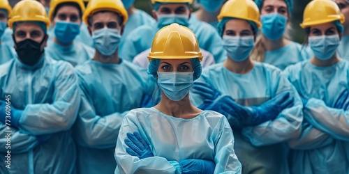 an intimidating group of blue latex gloves-wearing construction workers. Behind them are nurses with their most recent blue gloves on.