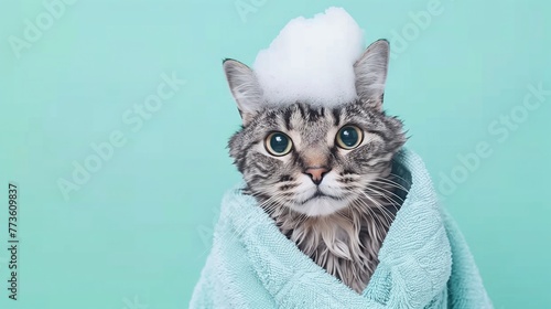 Cute wet gray tabby kitten cat after bath, mint green towel robe, soap foam bubbles on the head, funny pet portrait on light green background, with copy space.