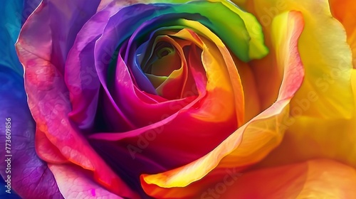 Special rainbow tender rose close up colorful background, copy space, unique and romance.