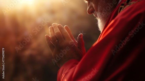 Catholic priest on altar praying during mass in glory light, copy space, close up, religious event backgrounds