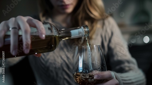 Depressed woman pouring alcohol to glass, close up of unhappy sorrow sad young woman suffer from bad mood, for break up, depression, escape from reality, lonely, alcohol addiction, social issue. photo