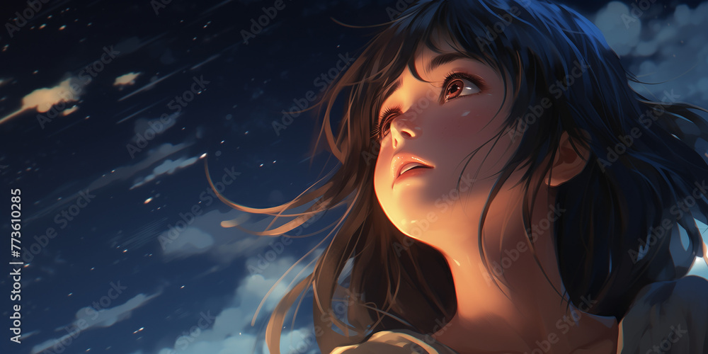  An anime girl with a hopeful expression, staring up at the night sky filled with stars, symbolizing a moment of hope and optimism amidst a backdrop of darkness, depicted in a realistic HD image. 