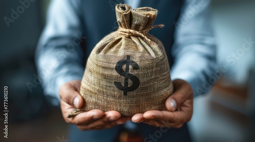 Businessman holding money bag with USD dollar sign for give dividend return profit from investment funding and stock market