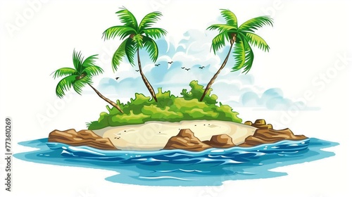 Tropical Island Oasis with Palm Trees and Serene Blue Waters Illustration