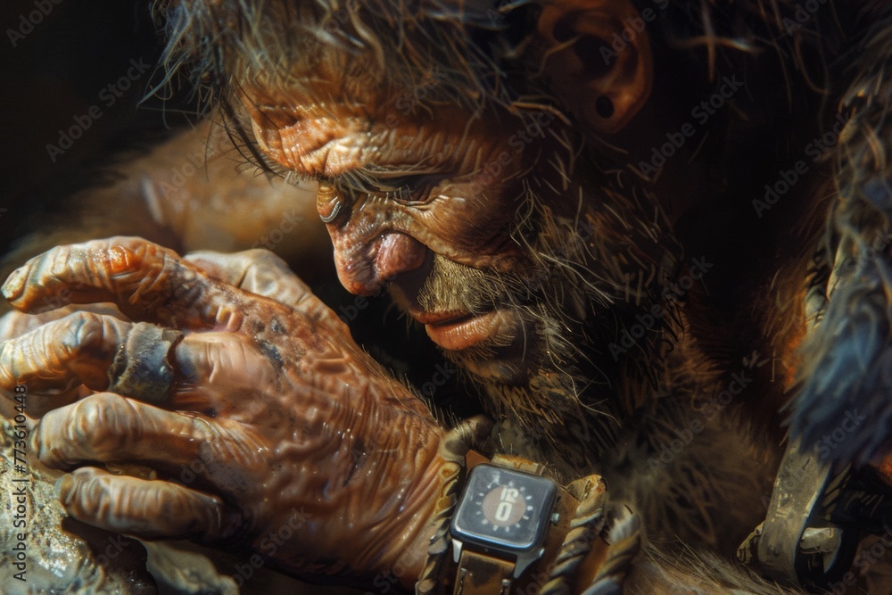 Close up of a Neanderthal using a smartwatch to make a contactless payment, a glimpse of modern convenience.