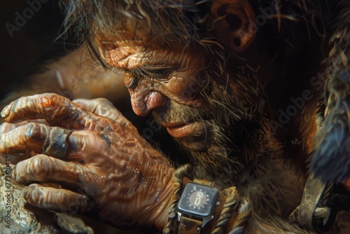 Close up of a Neanderthal using a smartwatch to make a contactless payment, a glimpse of modern convenience.