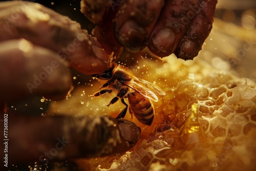 Focused on a beekeeper's careful hand removing a varroa mite from a bee, a moment of delicate care. photo