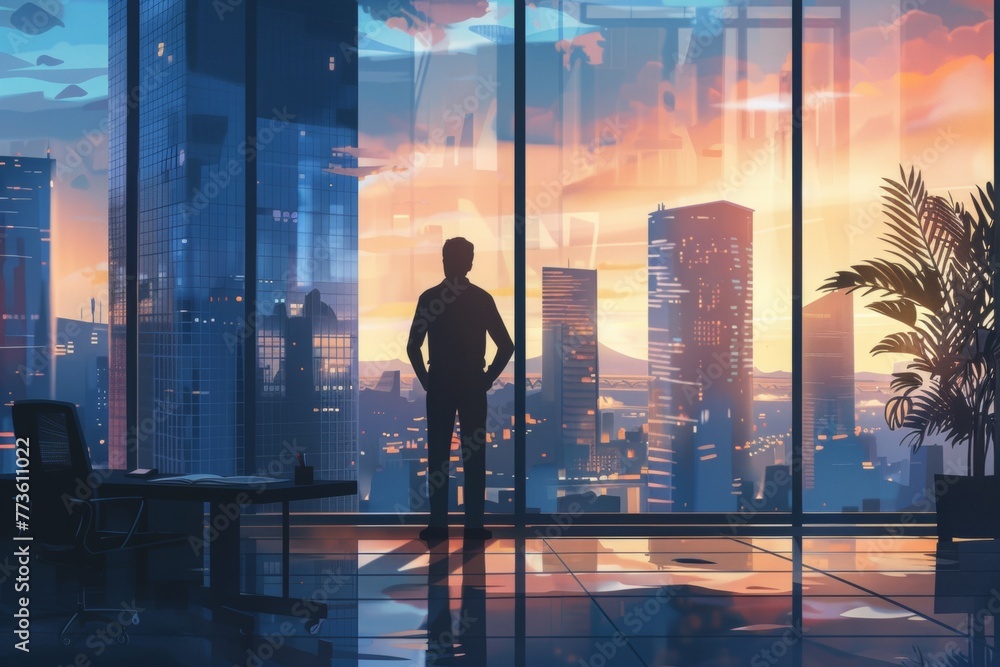 An accountant taking a break, standing by a window overlooking the city, reflecting on a successful audit completion. An accountant taking a break, standing by a window overlooking the city, reflecting on a successful audit completion.