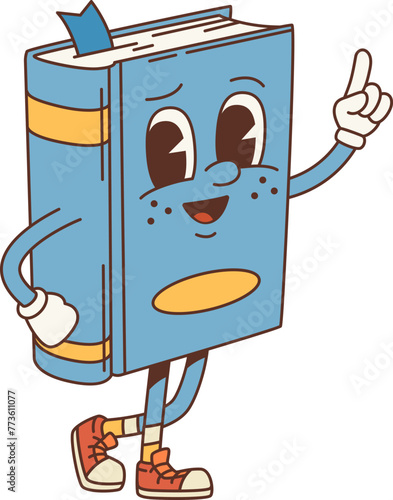 Cartoon retro book groovy character in hippie comic art, vector funky personage. 60s and 70s hippie groovy book with wise look, bookmark and index finger up for kids cartoon funny groovie character