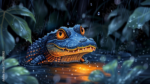 illustration of a crocodile in the rain flat style