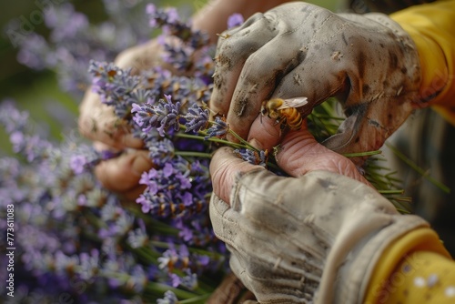 Focused on a beekeeper’s weathered hands tying a bouquet of lavender, a gift from the garden.