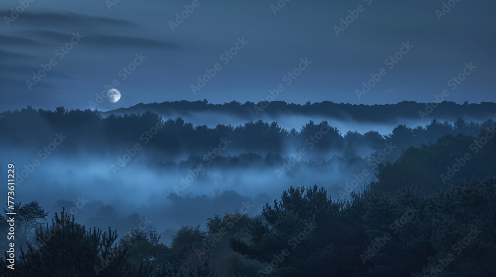 A dense fog swirls around a dark and twisting forest concealing an alluring and enigmatic moonlit mirage on the enchanting moors. . . - obrazy, fototapety, plakaty 