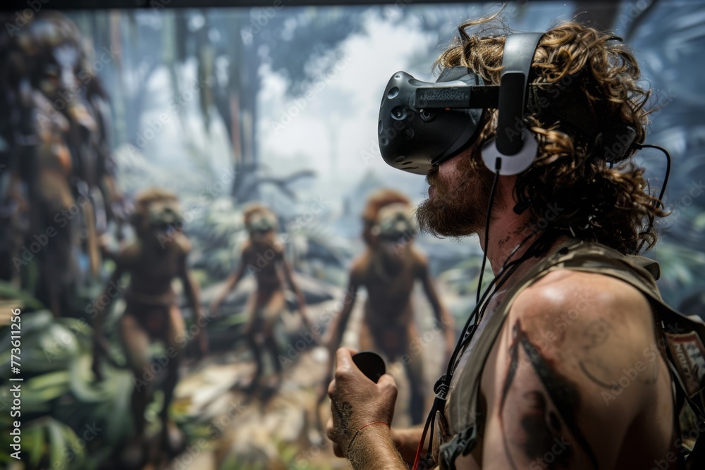 Fototapeta premium Neanderthal participating in a virtual reality game, tactically leading a clan through survival challenges.