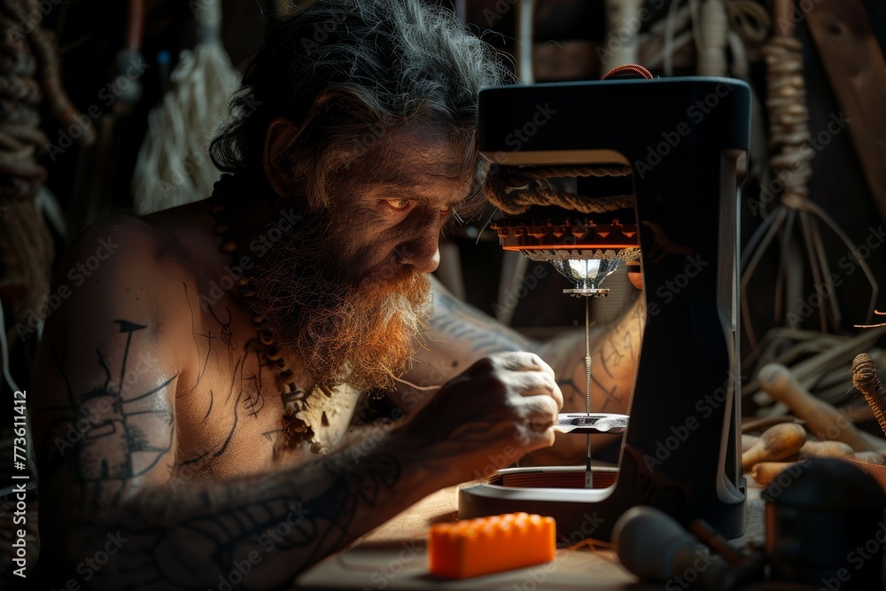A Neanderthal artist using a 3D printer to create replicas of ancient tools, marveling at the technology.