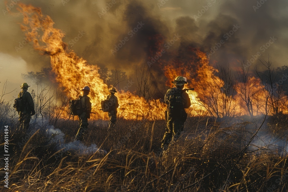 Fototapeta premium Prevention team conducting controlled burn operations, with specialists monitoring the controlled chaos.