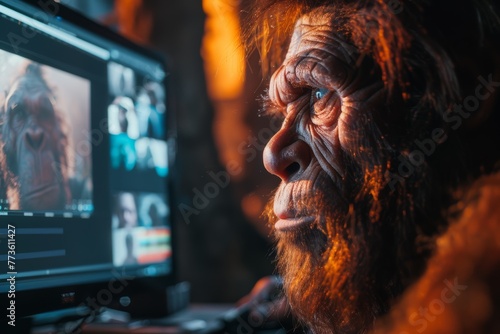 Close up of a Neanderthal's reflection on a computer screen, video editing a documentary about their life. photo